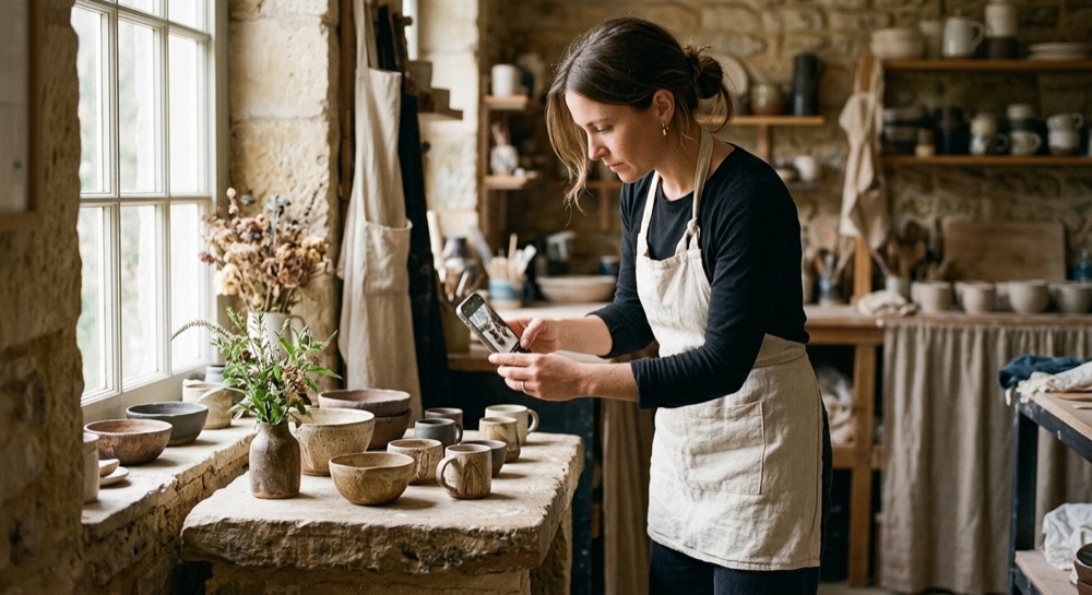 A studio owner photographing her handmade ceramics