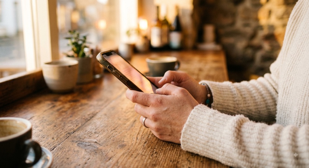 Checking the day's answered conversations over coffee