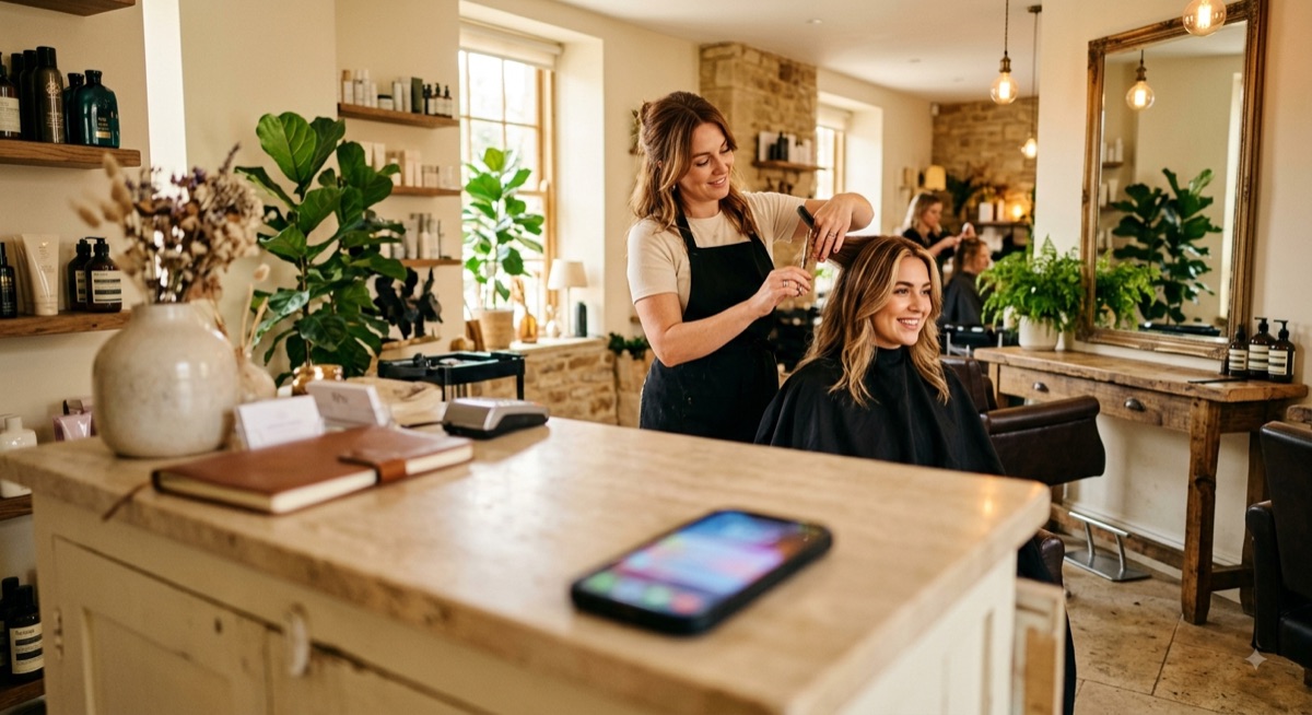 A salon owner works while her phone answers DMs on the counter