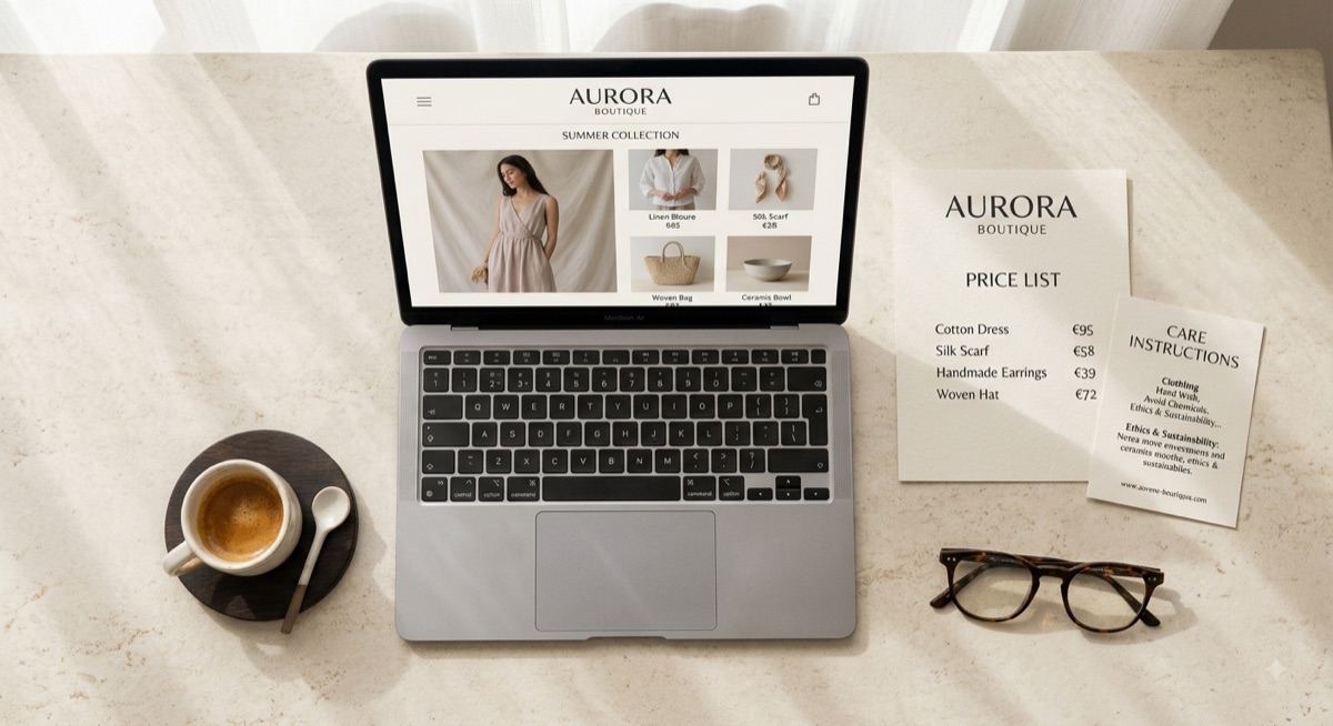 A boutique's website, price list, and care notes laid out on a desk